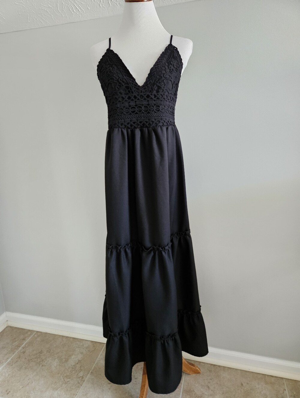 Say What? | Black Lace Bodice Spaghetti Strap Maxi Dress